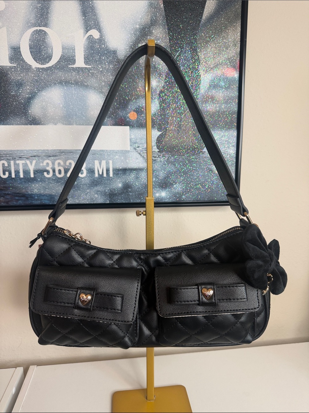 Juicy couture Black Quilted Shoulder Bag with Heart-Accent Pockets